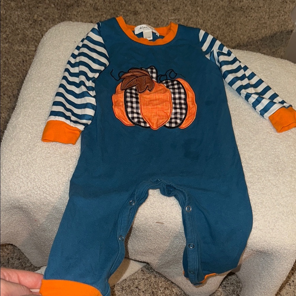 Blue and Orange Pumpkin Long Romper with Cozy Trim